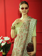Substantial Floral print pure organza lime green saree
